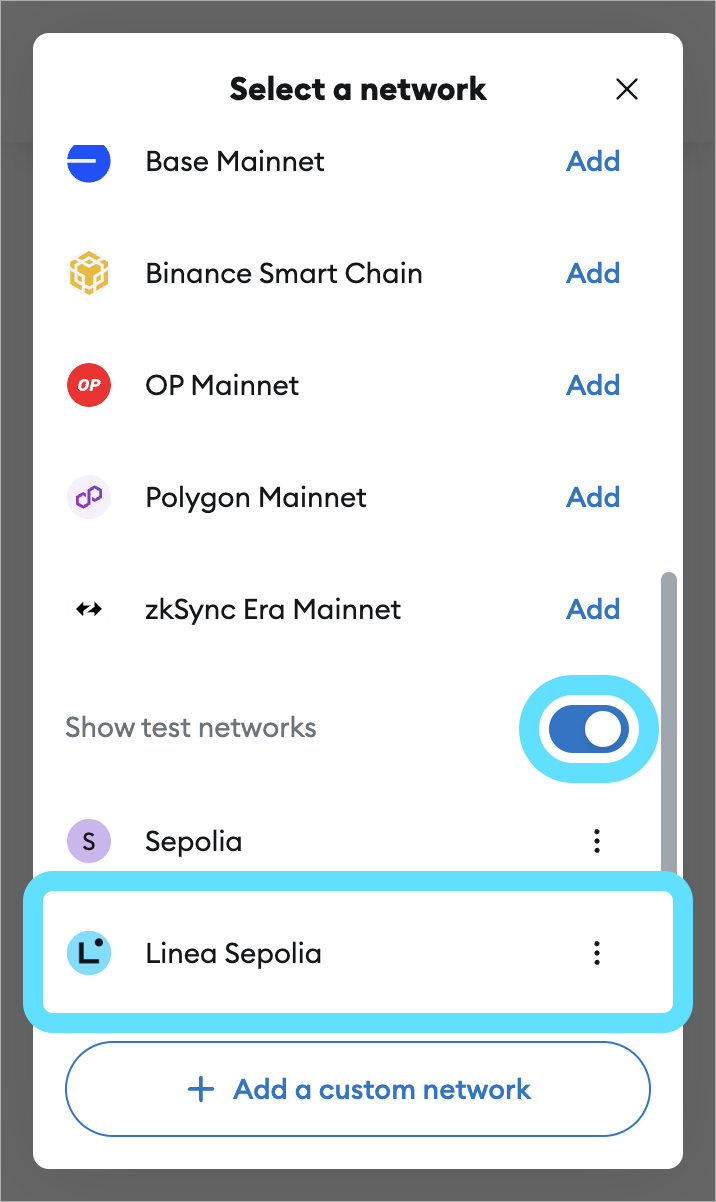 MetaMask change network to Linea Sepolia extension